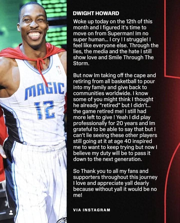 Không thi đấu nữa! Howard tuyên bố giải nghệ! Chính thức kết thúc sự nghiệp NBA