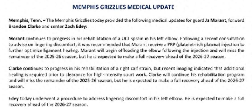 Không đánh tiếp! Tạm biệt Ja Morant! Một ngôi sao NBA khác kết thúc mùa giải