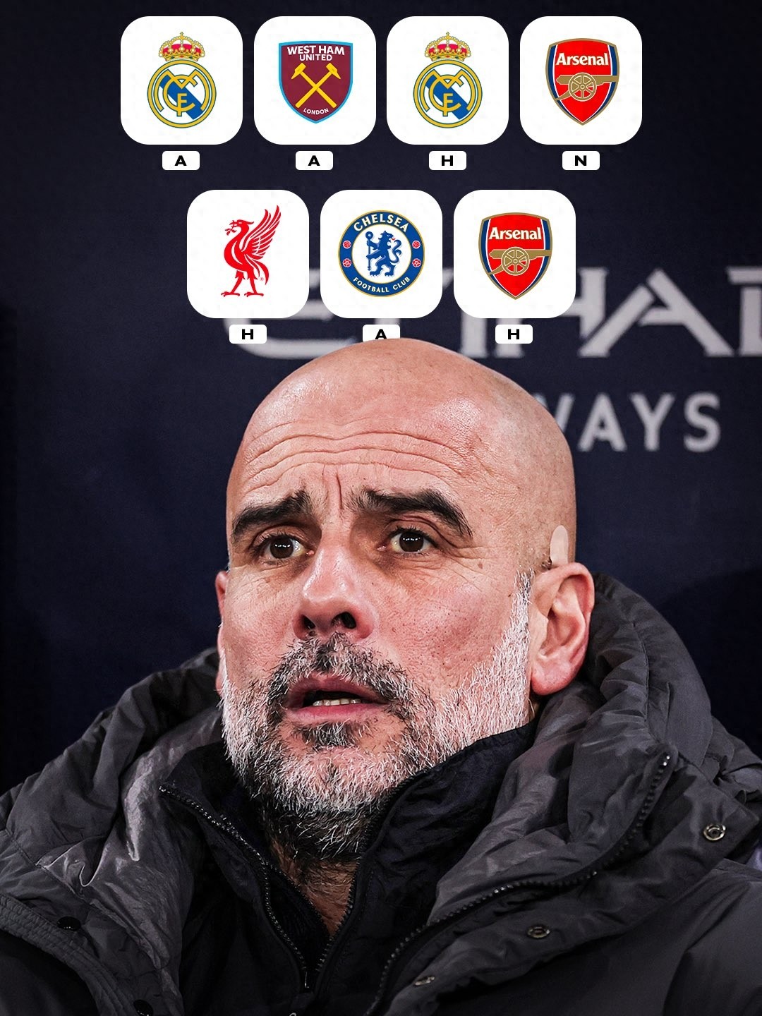 Guardiola đang gặp khó khăn, lịch thi đấu của Man City trong 7 trận tiếp theo là một chuỗi thử thách: hai lần đối đầu với Real Madrid + Arsenal + Chelsea và Liverpool.