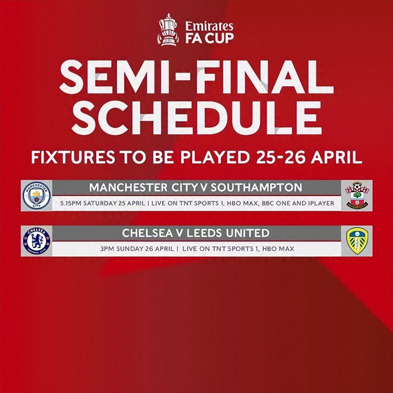 Cúp FA bán kết: Manchester City vs Southampton, Chelsea vs Leeds United tại Wembley, một trận để tiến vào vòng tiếp theo
